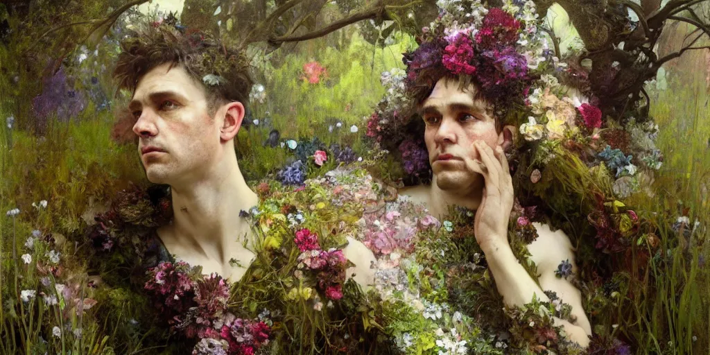 Image similar to hyperrealist portrait of a sad man covered in a dress of flowers, moss and fungi. by jeremy mann and alphonse mucha, fantasy art, photo realistic, dynamic lighting, artstation, poster, volumetric lighting, very detailed faces, 4 k, award winning