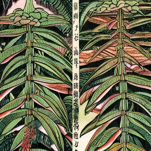 Prompt: a detailed Japanese illustration of a coffee plant and grounds, with coffee waterfalls and rainbows, extreme detail, beautiful