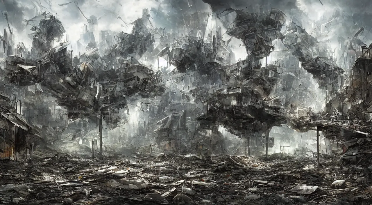 Prompt: damaged city, high - tech, concept art, forest, tornado, war, broken, high resolution, evil