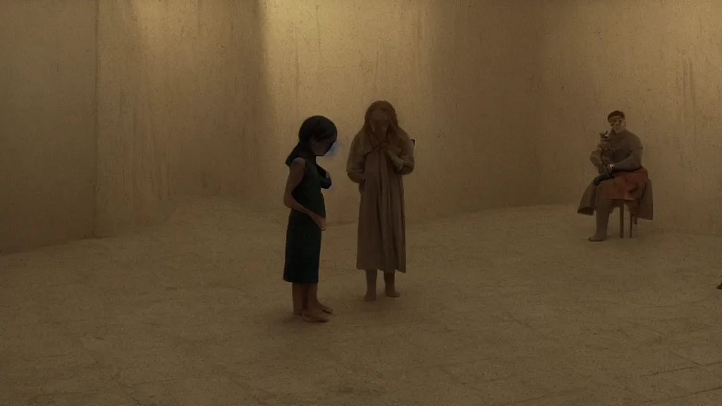 Prompt: we watch the strange creature searches for a spoon inside our kitchen, film still from the movie directed by Denis Villeneuve with art direction by Zdzisław Beksiński, wide lens, golden hour