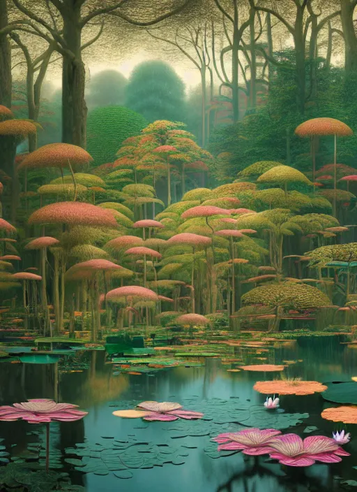 Prompt: hyper detailed 3d render like a Oil painting - the forest and the lily pond, pastel colors, Jacek Yerka, Mariusz Lewandowski, Houdini algorithmic generative render, Abstract brush strokes, Masterpiece, Edward Hopper and James Gilleard, Zdzislaw Beksinski, Mark Ryden, Wolfgang Lettl, hints of Yayoi Kasuma, octane render, 8k