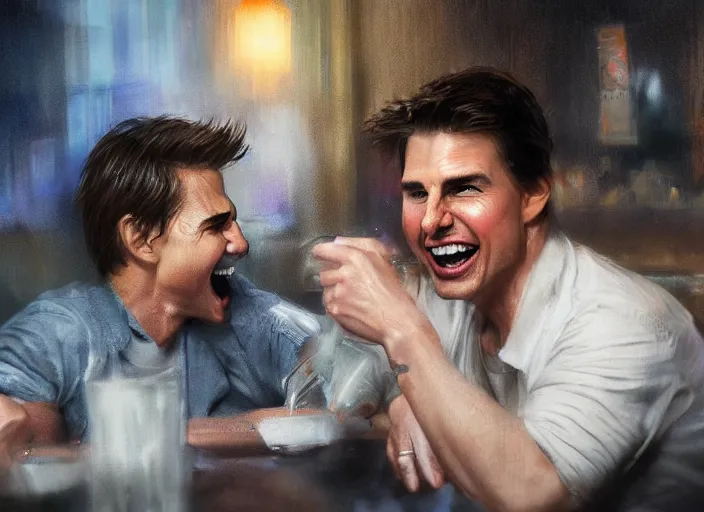 Prompt: hyper realistic tom cruise hanging out with tom cruise at a bar, all overly excited, jaw unhinged with laughter and smiling, all teeth, by greg rutkowski, 4 k, 8 k, masterpiece