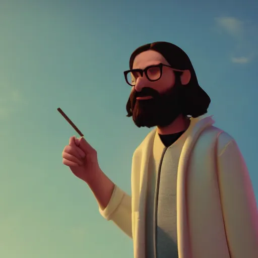 Prompt: hipster jesus christ smoking a joint, pixar artstyle, wide shot, dramatic lighting, octane render, hyperrealistic, high quality, HD, cinematic