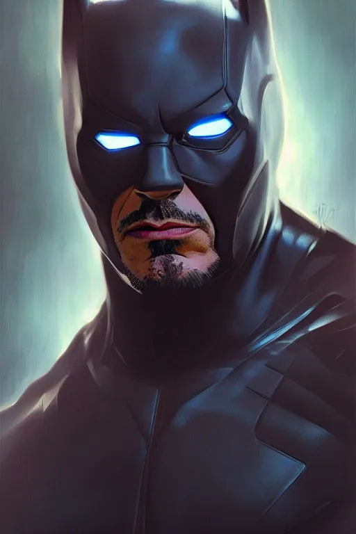 Image similar to robert downey jr as bat man, portrait,, highly detailed, digital painting, artstation, concept art, smooth, sharp focus, illustration, cinematic lighting, art by artgerm and greg rutkowski and alphonse mucha