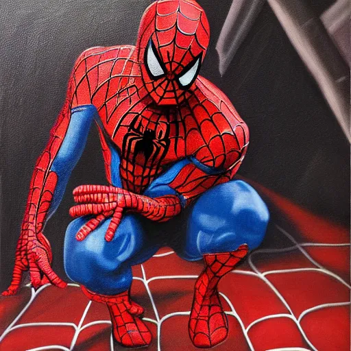 Image similar to spiderman kneels, praying to spider god, oil painting