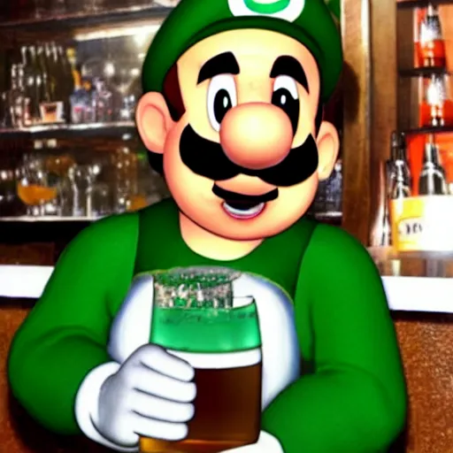 Image similar to luigi from super mario hanging at the bar and getting drunk with the boys, holding a large beer