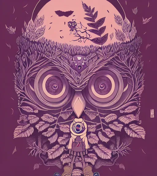 Prompt: portrait, nightmare anomalies, leaves with an owl by miyazaki, violet and pink and white palette, illustration, kenneth blom, mental alchemy, james jean, pablo amaringo, naudline pierre, contemporary art, hyper detailed