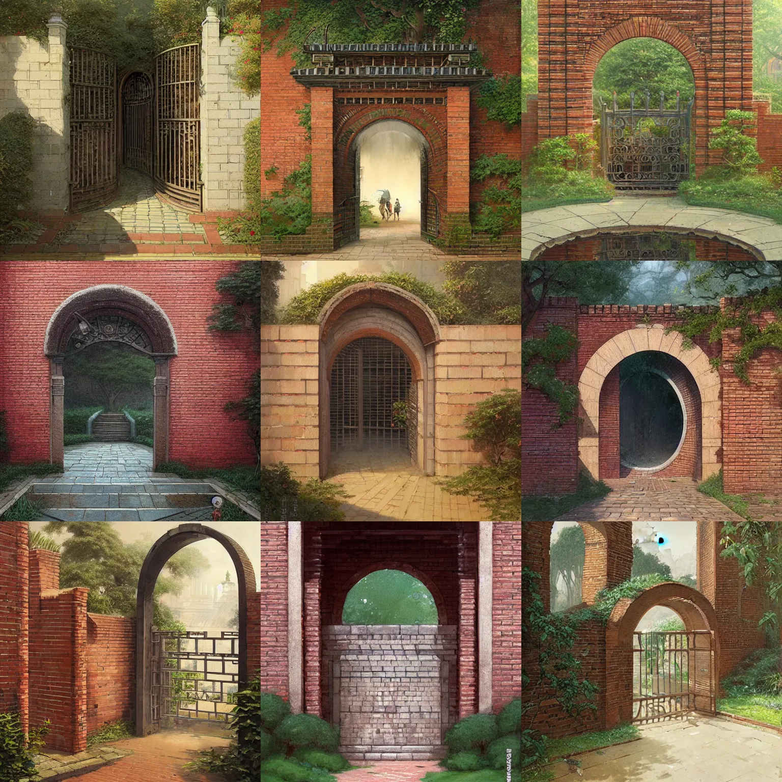 Prompt: circular gate in a brick wall, leading into a garden. chinese architecture. detailed. smooth. sharp focus. trending on arstation. artist greg rutkowski.