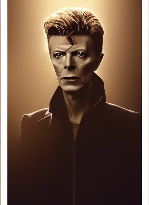 Image similar to david bowie in real life, face centered portrait of david bowie, confident, fog, rain, volumetric lighting, beautiful, golden hour, sharp focus, ultra detailed, cgsociety by leesha hannigan, ross tran, thierry doizon, kai carpenter, ignacio fernandez rios, noir art house, 4 k, 3 5 mm, fujifilm