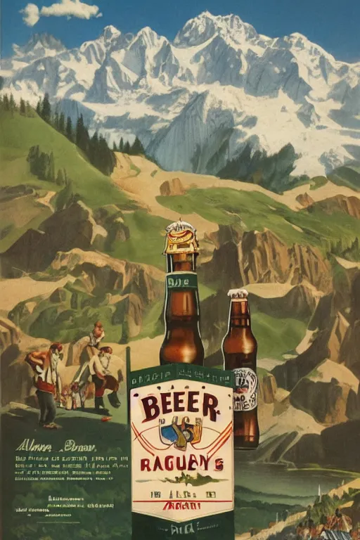 Image similar to 1 9 4 0 s german advertisement of beer, the alps are in the background, unreal engine, global illumination, radiant light, detailed and intricate environment