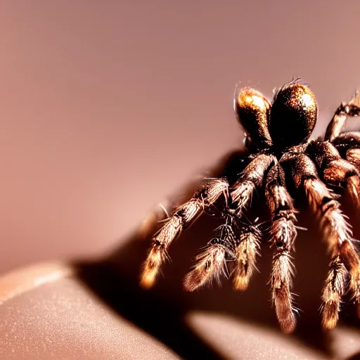 Image similar to detailed photograph of a levitating chocolate ice cream cone becoming a hairy spider body at the bottom. dramatic, golden light. realistic photograph.