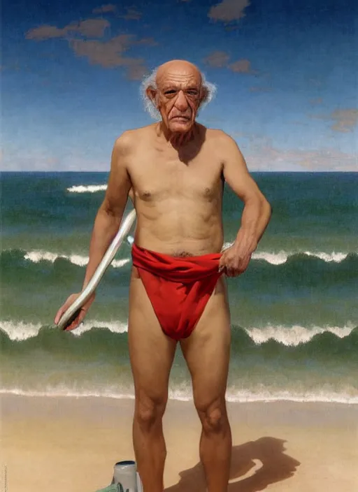 Prompt: portrait hector salamanca as sea lifeguard on the beach, full length shot, shining, 8k highly detailed, sharp focus, illustration, art by artgerm, mucha, bouguereau