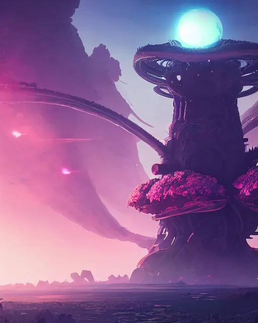 Image similar to alien temple, beautiful landscape, nier automata, protoss!!!!, machine planet, mothership in the sky, pink sun, tropical forest, colorful light, advanced technology, cinematic lighting, highly detailed, masterpiece, art by bastien grivet and darwin cellis and jan urschel