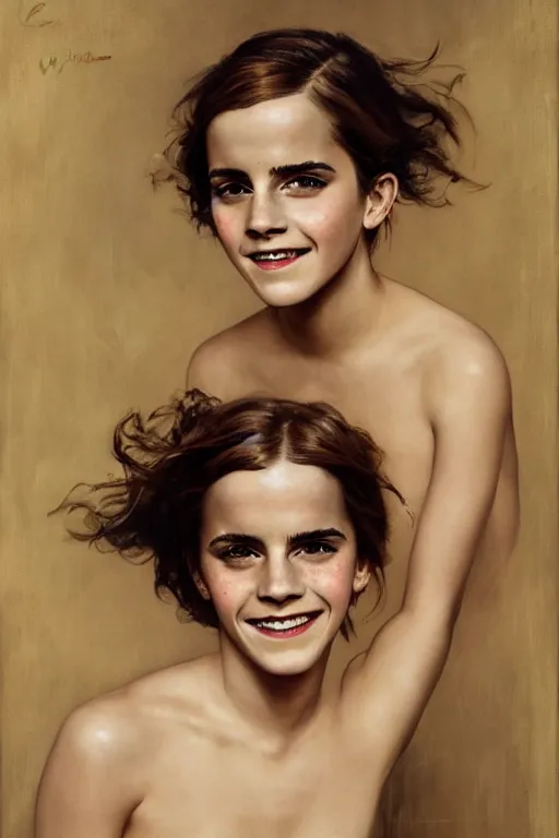 Image similar to emma watson laughing detailed portrait painting by gaston bussiere craig mullins j. c. leyendecker photograph by richard avedon peter lindbergh