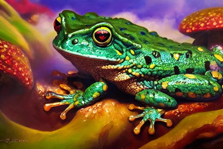 Prompt: highly detailed oil painting of a lizard frog ( ( mushroom ) ) in a steaming colorful hotspring, featured on artstation