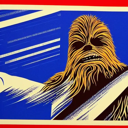 Image similar to chewbacca presidential election poster showing close up of chewbacca face red and blue duotone screenprint by sheperd fairey