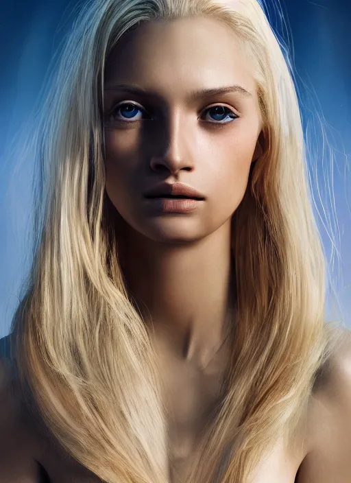 Prompt: closeup portrait of a beautiful blonde extraterrestrial woman, depth of field, zeiss lens, detailed, symmetrical, centered, fashion photoshoot, by Annie Leibovitz and Steve McCurry, David Lazar, Jimmy Nelsson, Breathtaking, 8k resolution, extremely detailed, beautiful, establishing shot, artistic, hyperrealistic, beautiful face, octane render
