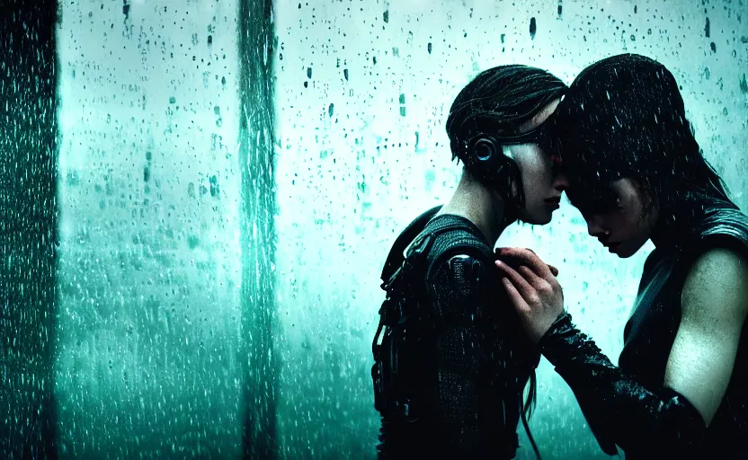 Prompt: cinestill 5 0 d candid photographic portrait by christopher nolan of two loving female androids sobbing wearing rugged black mesh techwear in treacherous waters, medium closeup, modern cyberpunk moody emotional cinematic, pouring iridescent rain bright spotlight, 8 k, hd, high resolution, 3 5 mm, f / 3 2, ultra realistic faces, ex machina