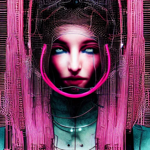 Prompt: a portrait of a woman with pink hair with lots of wires, cyberpunk art by otomo katsuhiro, cgsociety, computer art, circuitry, dystopian art, academic art insanely quality, highly detailed, masterpiece, red light, artstation, 4 k