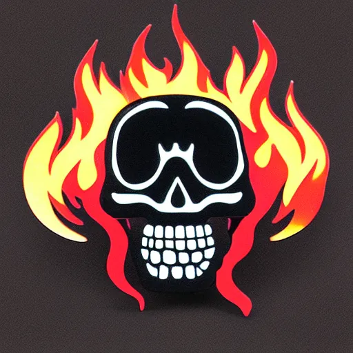 Prompt: a retro minimalistic clean laughing ominous skull with fire flame enamel pin, hd, concept art
