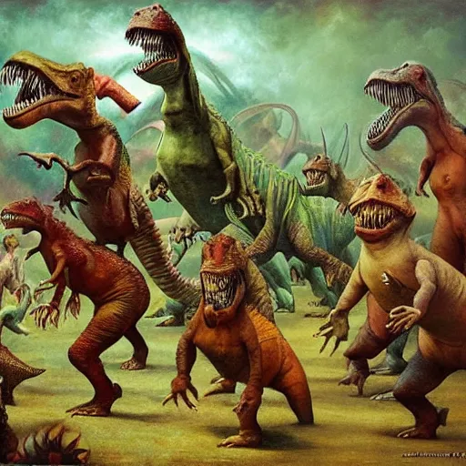 Prompt: A group of dinosaurs dancing in a rave party, by Esao Andrews and Karol Bak and Zdzislaw Beksinski