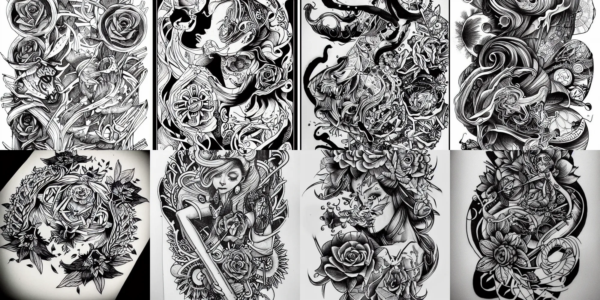 Prompt: tattoo flash art, black and white, by james jean