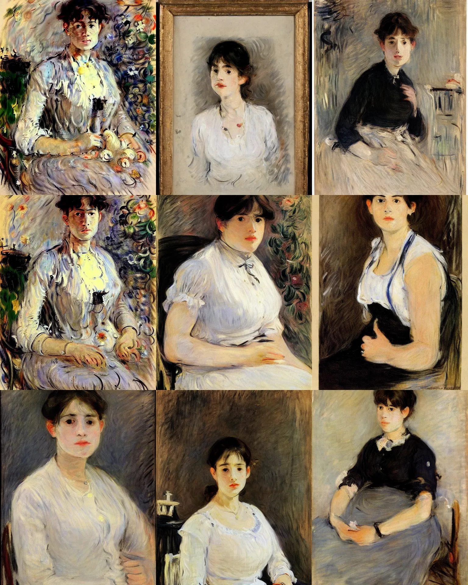 Prompt: a portrait of a woman by berthe morisot. she has long straight dark brown hair, parted in the middle. she has large dark brown eyes, a small refined nose, and thin lips. she is wearing a sleeveless white blouse, a pair of dark brown capris, and black loafers.
