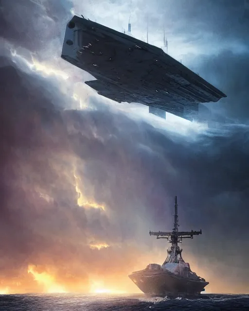 Image similar to scifi action scene of a fishing boat on stormy seas, a very large star destroyer spaceship flying overhead, the very large star destroyer spaceship is emerging from storm clouds, sunset lighting, stormy weather, dramatic lighting, unreal engine, hyper realism, realistic shading, cinematic composition, realistic render, octane render, detailed textures, photorealistic, ultrawide shot, 1 6 mm lens