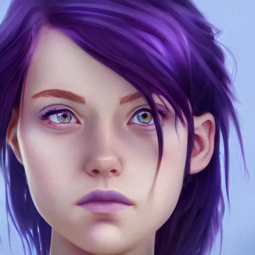 Image similar to Abigail from stardew valley, purple hair, blue eyes, large eyes, portrait, cgsociety, realistic, highly detailed, sublime, 16k, smooth, sharp focus, trending on ArtStation, hyperdetailed, volumetric lighting