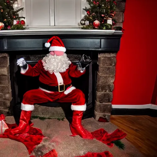 Prompt: A demented evil looking Santa Claus emerging upside down from a chimney mantle on Christmas night, house cam footage, fisheye lens, hyperrealistic