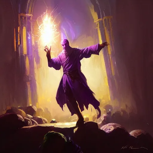Prompt: Man in purple and gold robes, Casting a powerful spell, D&D, Fantasy, by Greg Rutkowski