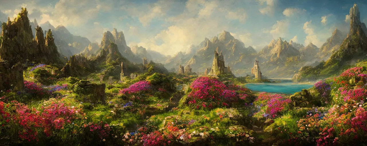 Image similar to the valley of flowers! near the sea! of dreams, ancient towers by quentin mabille