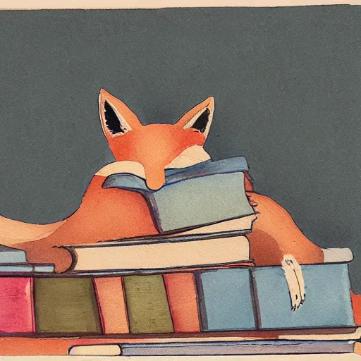 Prompt: fox sleeping on a pile of books, watercolors, 1 9 3 0