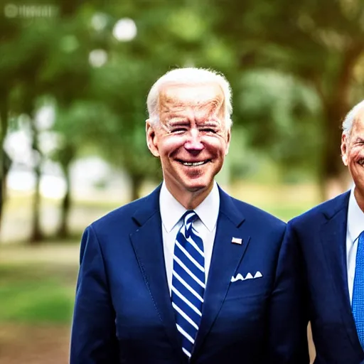 Image similar to A portrait photo of joe biden teams up with a teenage joe biden, perfect faces, 50 mm, award winning photography