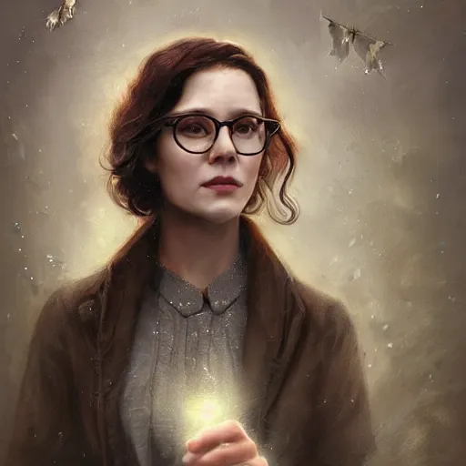 Prompt: portrait of a woman as sherlock Holmes with wavy brown hair and glasses as an epic idea, intricate detail, digital painting, old english, raining, sepia, particles floating, whimsical background by marc simonetti, artwork by ross tran + ramond swanland + liam wong