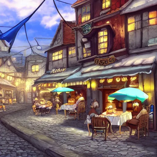 Image similar to beautiful cute cozy little cafe on a cobblestone street in a tiny town, anime style of hayao miyazaki, digital art trending on artstation