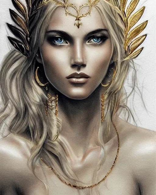 Image similar to tattoo design sketch of hot blonde super model as aphrodite greek goddess wearing a gold laurel wreath and triangle earrings, beautiful piercing gaze with sharp pupils, in the style of greg rutkowski, fantasy, amazing detail, epic, elegant, smooth, sharp focus, front view