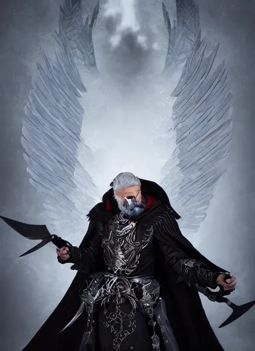 Image similar to A striking hyper real painting of a winged aasimar hexblade warlock, short beard, black cloak, silver hair, unreal 5, DAZ, hyperrealistic, octane render, cosplay, RPG portrait, dynamic lighting