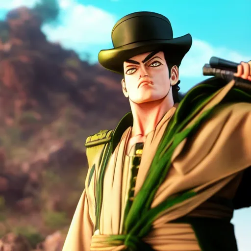 Prompt: jotaro kujo standing in the desert, in the style of ghost of tsushima, cinematic, 4k, detailed, long shot