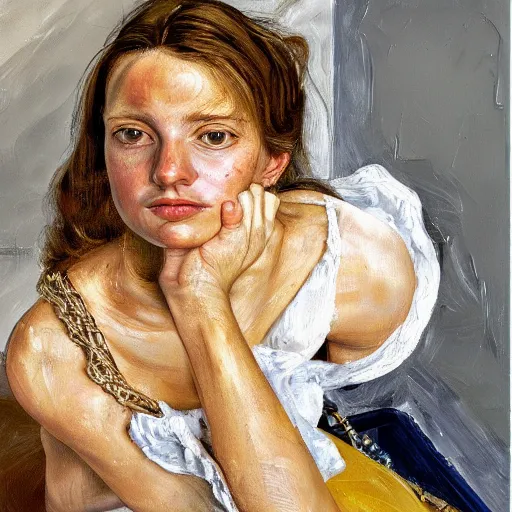 Prompt: high quality high detail painting by lucian freud, hd, girl portrait with a lot of gold and jewelry, photorealistic lighting