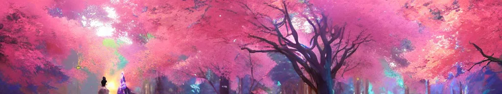 Image similar to spiritual journey through an infinite glowing colorful magical forest, sakura trees, sakura season dynamic lighting, landscape, artwork by jeremy lipkin and giuseppe dangelico pino and michael garmash and rob rey and greg manchess and huang guangjian and makoto shinkai, pixiv, 1 0 0 mm