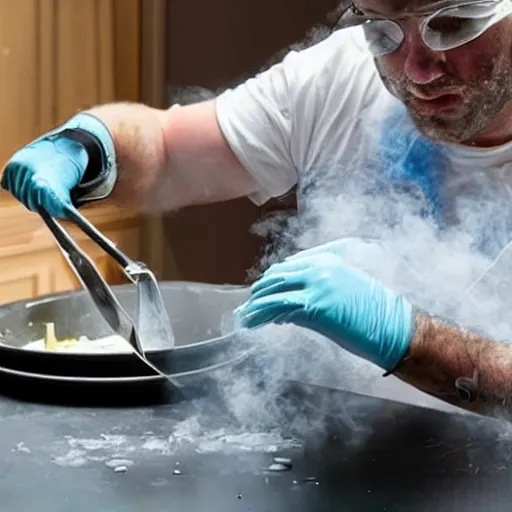 Image similar to man caught cooking meth, long shot, realistic photo, real life shot