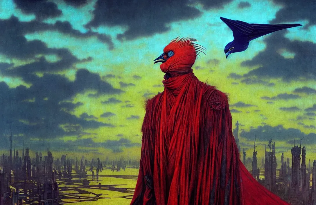 Prompt: realistic detailed portrait movie shot of a birdman wearing dark ragged robes, futuristic city sunset landscape background by denis villeneuve, amano, yves tanguy, alphonse mucha, ernst haeckel, max ernst, roger dean, rich moody colours, bird head, blue eyes