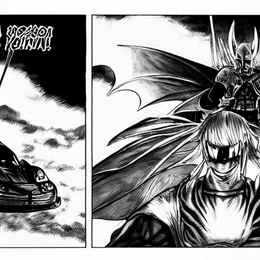 Image similar to knight driving a car, dragon blowing fire above, manga panel, ONE, Murata, Berserk