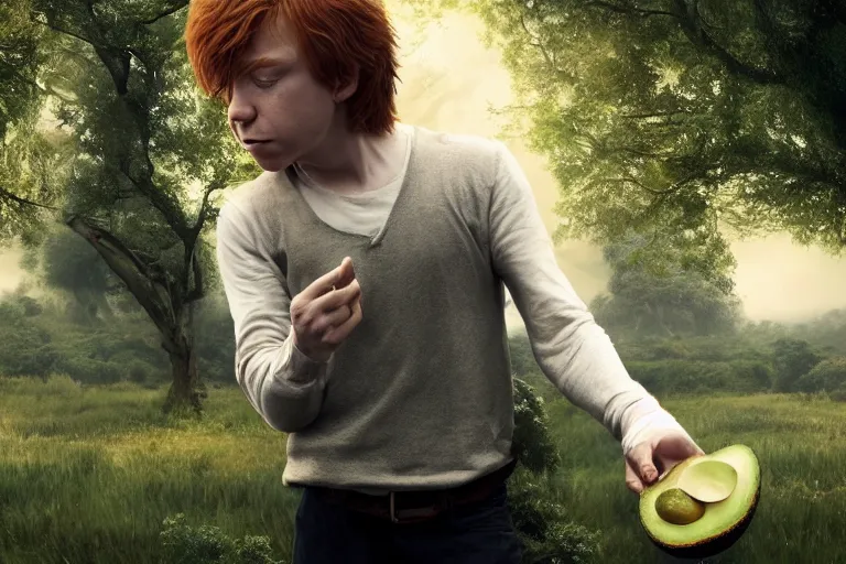 Image similar to an ultra realistic, cinematic, headshot portrait, of ron weasley kissing an avocado, fantasy, avocado, facial features, background of a vast serene landscape, with trees and rivers, detailed, deep focus, movie still, dramatic lighting, ray tracing, by michal karcz and yoshitaka amano