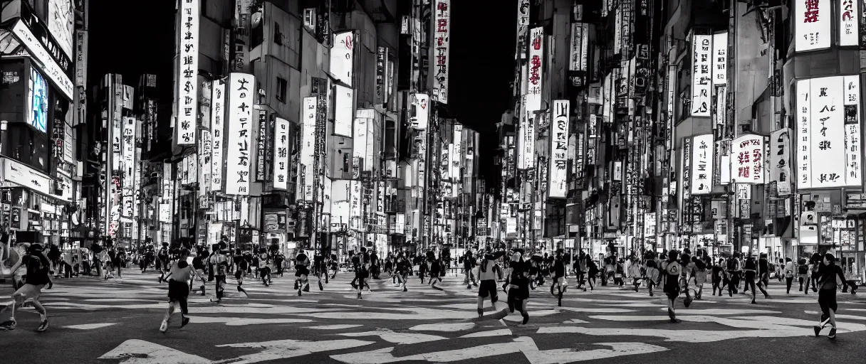 Prompt: people running away rom kaiju in the middle of tokyo at night, crushed building, neon