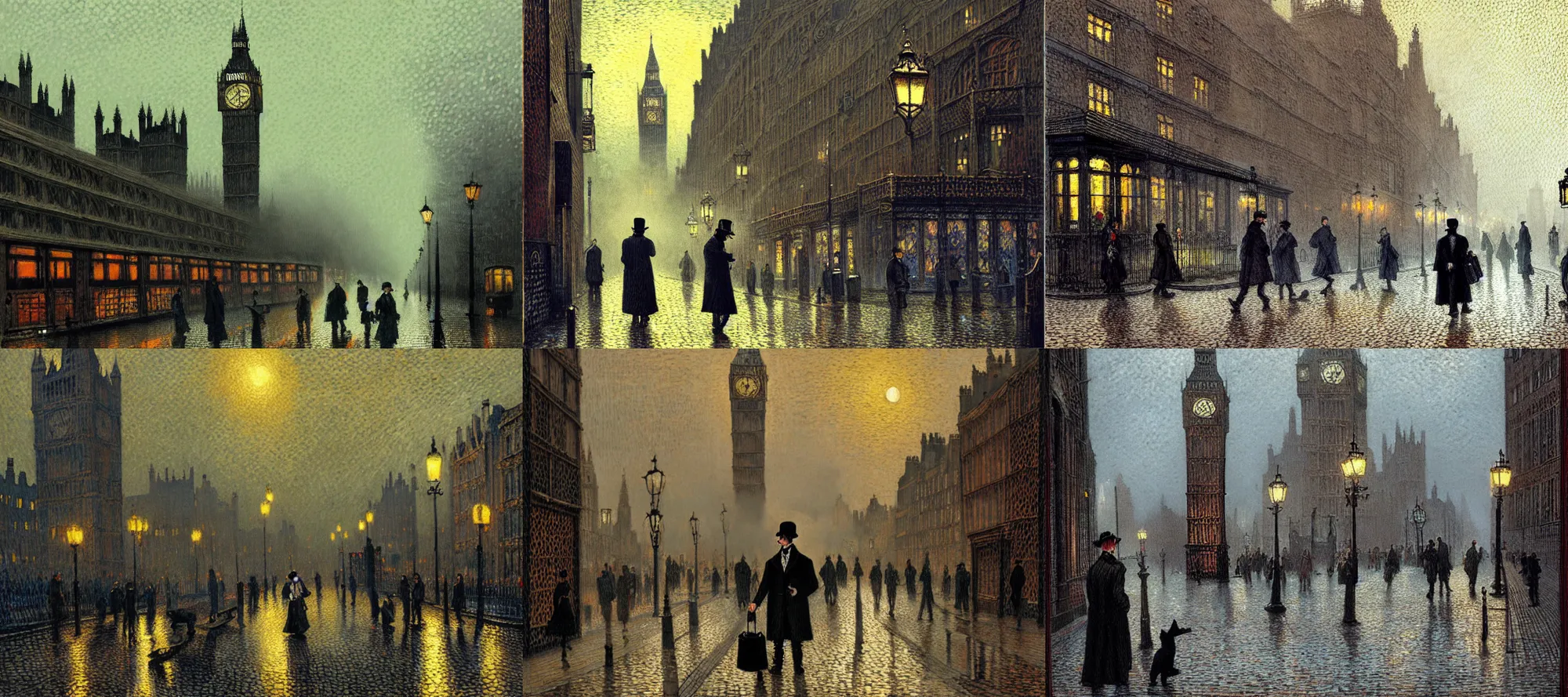 Prompt: sherlock holmes, victorian foggy london, full color, artstation, trending, intricate lining, post - impressionism, neo - impressionism, pointillism, by vincent van go