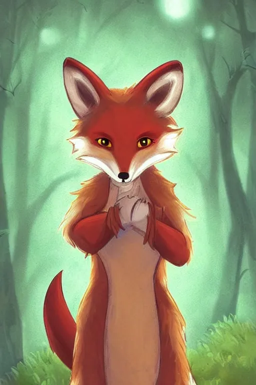 Image similar to a pretty medieval anthropomorphic fox with a fluffy tail in the forest, comic art, trending on furaffinity, cartoon, kawaii, backlighting, furry art!!!, warm shading, concept art, radiant light