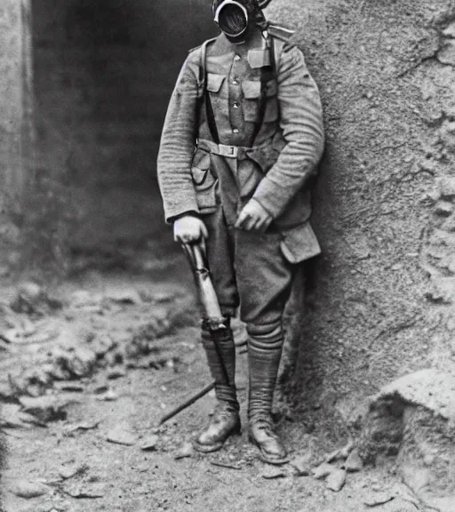 Image similar to person wearing gas mask with hose,ww1 photo, high detail, high resolution