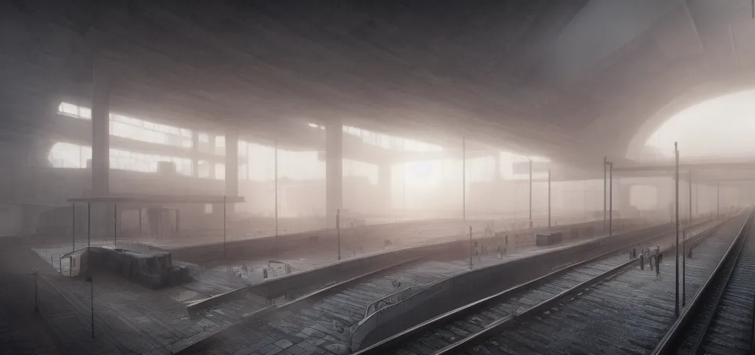 Image similar to dramatic view of brutalist train station, colored fog, haze, unreal engine, dramatic lighting, detailed, ambient occlusion, global illumination, god rays, 3 d artstation render by greg rutowski and jessica rossier